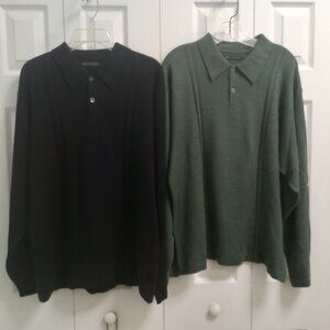 2 Mens Knit Polo Pullovers sz L Black Green Long Sleeve Collared